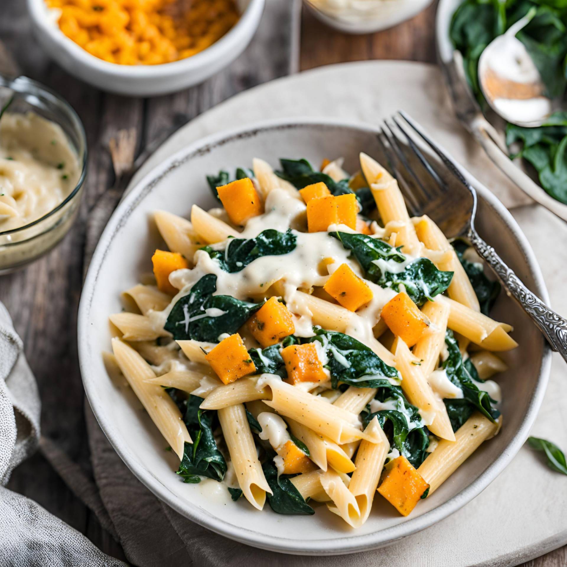 Spinach & Butternut Squash Mac N Cheese with Rainbow Chickpea Salad