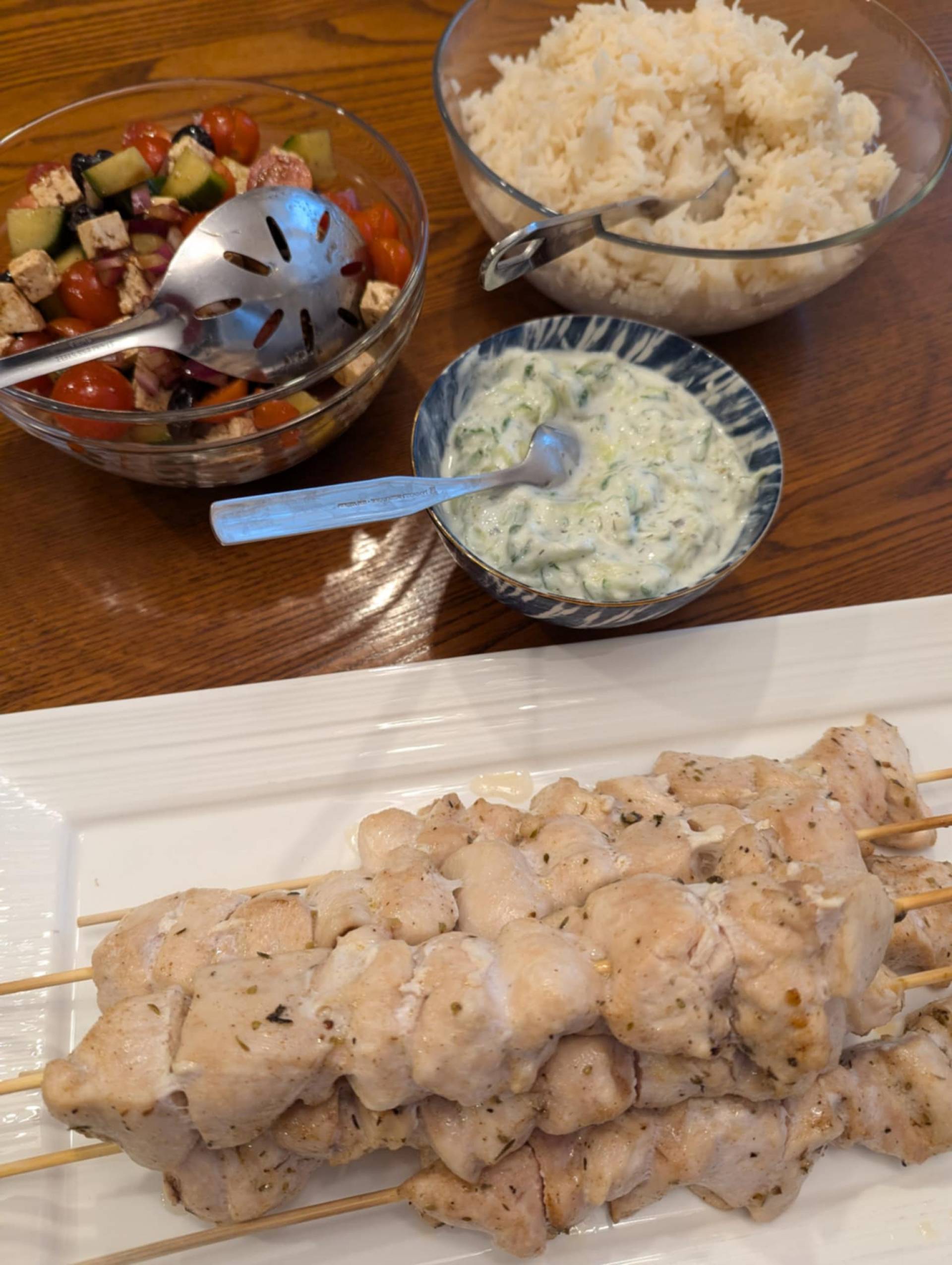 Chicken Souvlaki with Lemon Rice, Greek Salad and Tzatziki